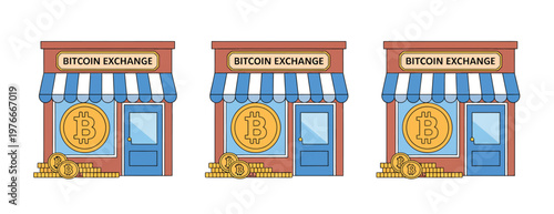 Bitcoin exchange store icon, vector illustration, modern flat design showing cryptocurrency transaction concept, digital finance symbol with store and coin elements, ideal for fintech apps, websites, 