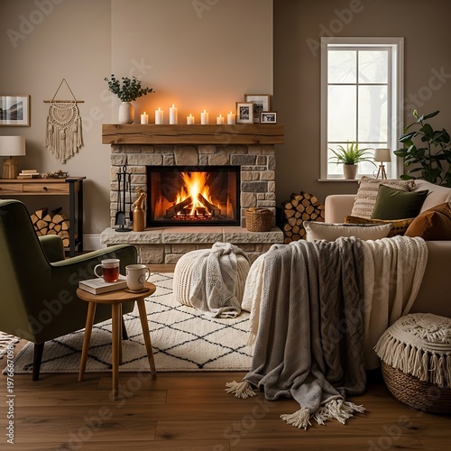 Cozy Living Room with Fireplace and Warm Ambiance.