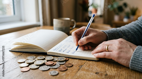 Person writing in notebook with coins and coffee cup on wooden table