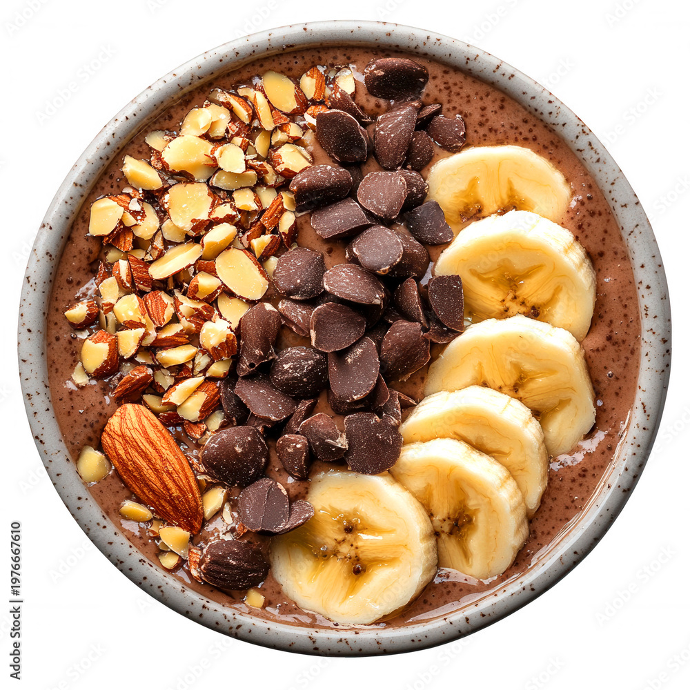 Fototapeta premium Delicious chocolate smoothie bowl topped with banana slices almonds and rich chocolate chips for breakfast