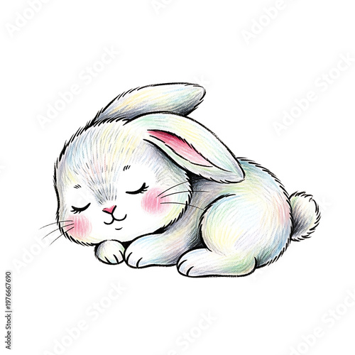 Adorable illustration of a sleeping white bunny with closed eyes and rosy cheeks.