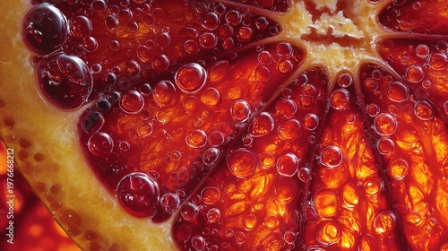 Extreme macro cross-section of a fresh blood orange slice with sparkling water droplets and bubbles,  showcasing vibrant ruby pulp and refreshing effervescence for a juicy texture.