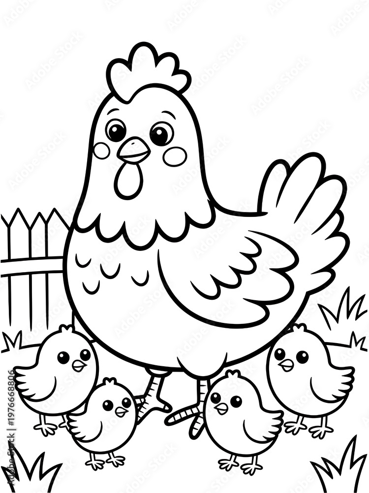 Fototapeta premium Charming Chicken and Chicks Activity Page: Farm Life Line Drawing for Educational Children's Art Coloring