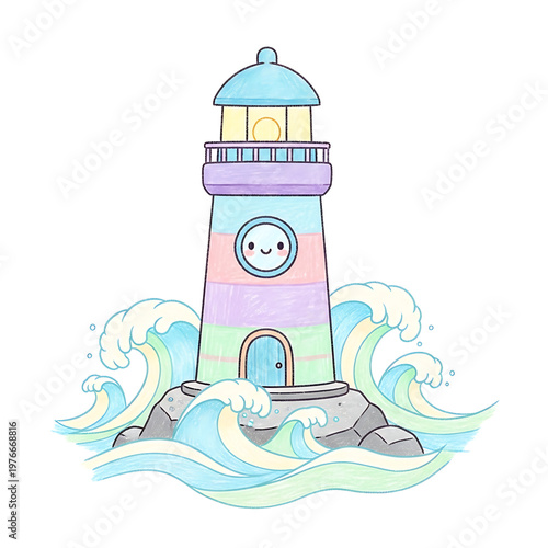 Cute cartoon lighthouse with colorful pastel stripes and ocean waves illustration.