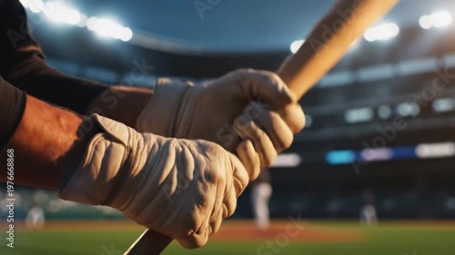Baseball player hands holding bat in stadium at night