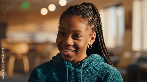 Young Black girl with braided hair smiles at camera indoors