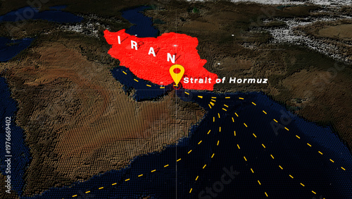 Detailed geopolitical map highlighting Iran and the Strait of Hormuz with maritime routes, illustrating strategic chokepoints and regional conflict risk in the Middle East. 3d rendering
