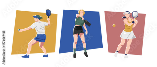 Set of female pickleball players. Isolated on white background. Flat graphic vector illustration.
