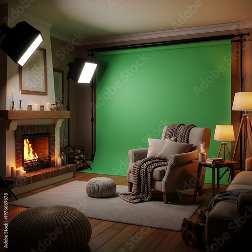 Cozy Living Room with Green Screen Setup for Filming.