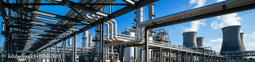 An expansive network of gleaming metallic pipes, robust industrial structures, and towering cooling stacks dominate a vast, complex modern energy or chemical processing plant under a clear, bright
