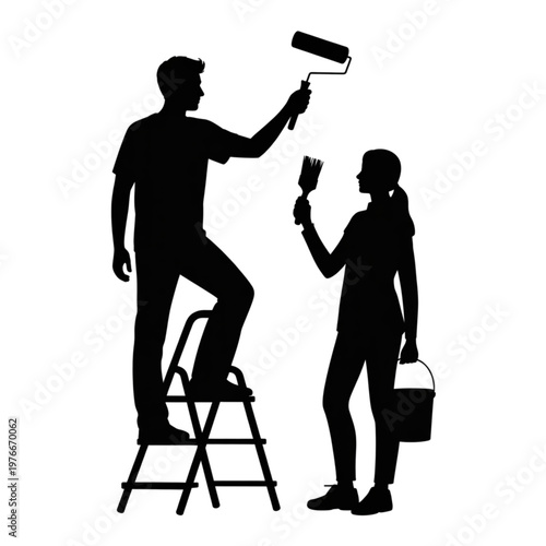 Man on ladder with roller and woman holding brush and paint bucket, silhouette vector illustration