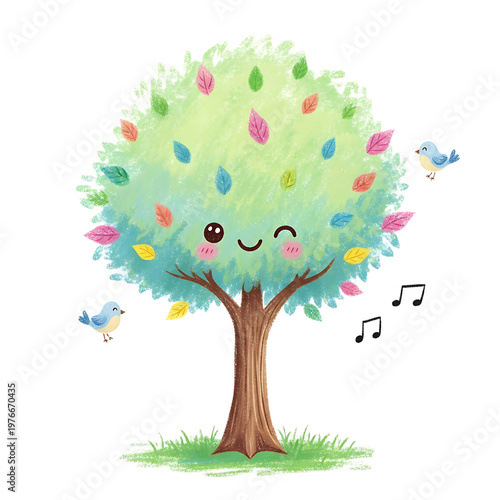Cute cartoon tree with a happy face and colorful leaves, birds singing.