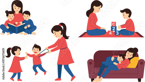 Family members engage in various daily nurturing activities including reading, playing with building blocks, and resting on a comfortable sofa.