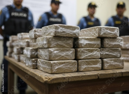 Many rectangular packages wrapped in plastic are stacked on a wooden table. Blurred police officers stand behind.