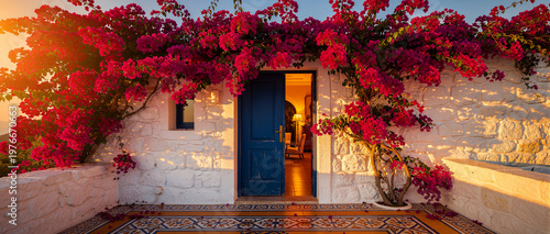 A picturesque Mediterranean villa's pristine white stucco exterior features a captivating deep blue wooden door, elegantly framed by abundant, vibrant pink bougainvillea flowers, bathed in warm
