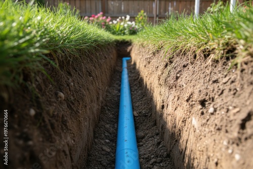 A narrow trench cut through a grassy lawn, revealing a bright blue pipe laid neatly at its base.