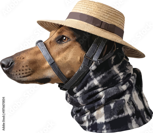 Dog wearing a straw hat and a plaid scarf poses against a clean white background for a portrait.