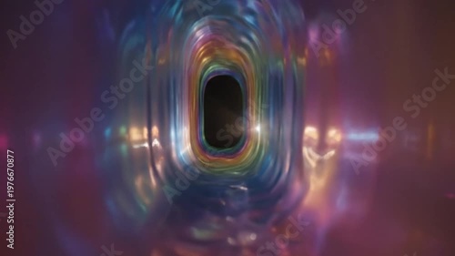 Abstract colorful iridescent tunnel with dark glowing exit