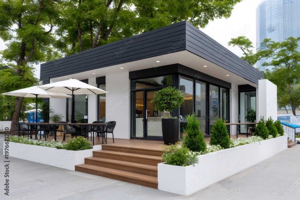 Fototapeta premium Modern modular cafe building with outdoor seating