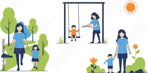 Family members enjoy outdoor activities together in a park setting while spending quality time in the sunshine.