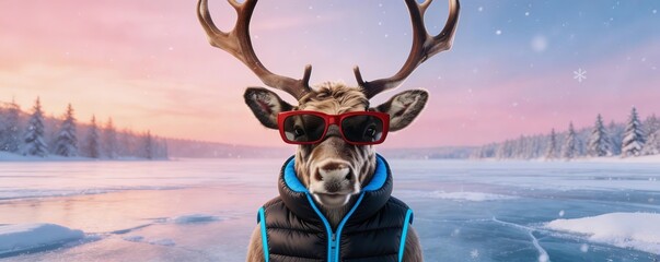 Reindeer in Sunglasses on Frozen Lake