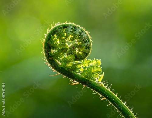 Close-up of a fern frond unfurling, with vibrant green against bokeh