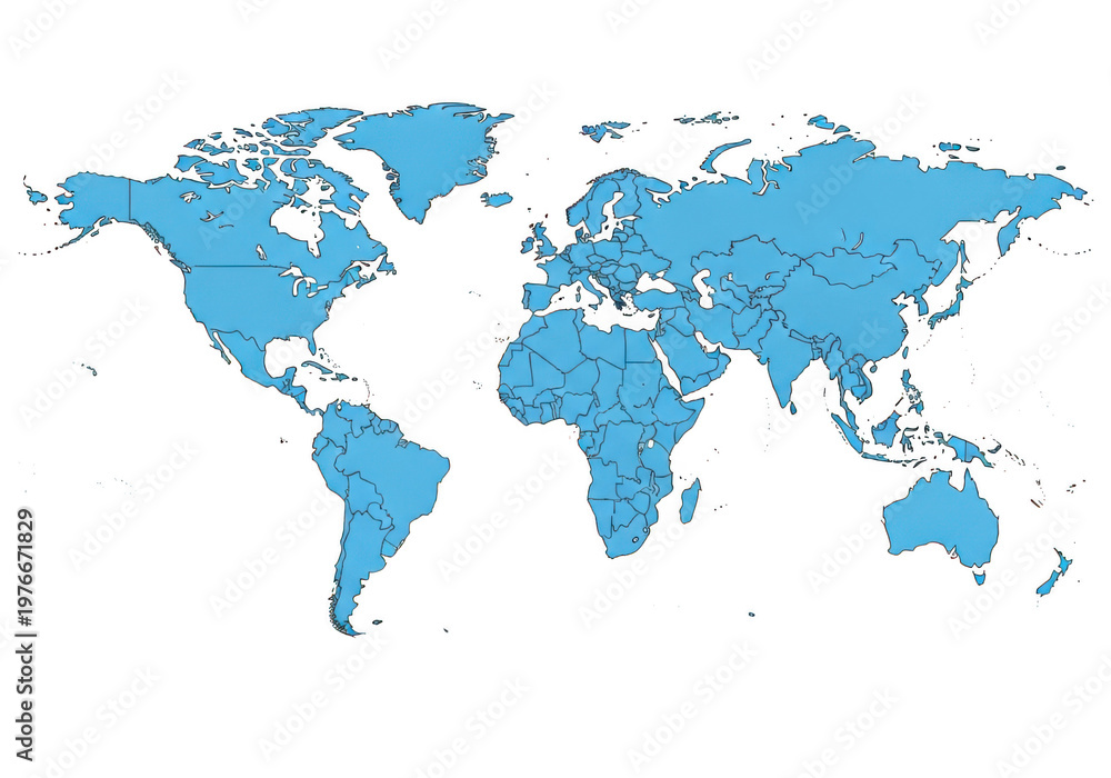 Fototapeta premium A stylized world map with highlighted continents and countries in blue tones
