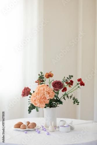 Easter home design. Greeting card. Minimalist white interior.