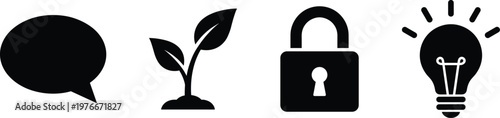 Black icons set including a speech bubble for communication, plant for growth, padlock for security, and lightbulb for creative ideas.