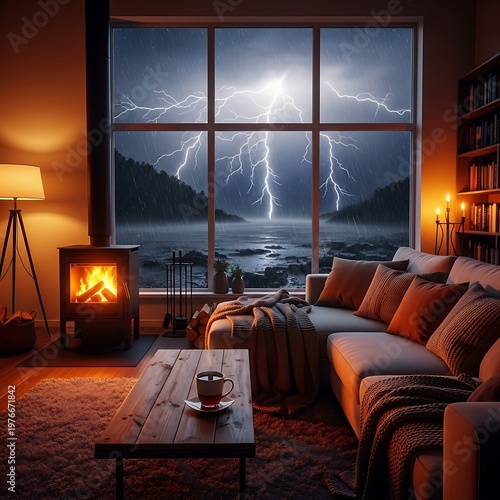 Cozy Living Room with Lightning Storm Outside.