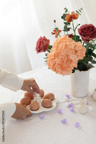 Easter home design. Greeting card. Minimalist white interior.