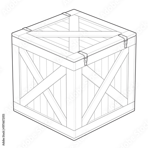 Isometric cubic wooden export crate and ispm15 industrial cargo box linear drawing