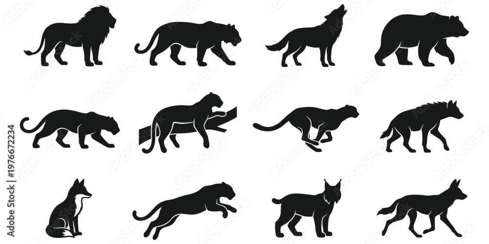 Obraz premium Wild Predator and Carnivore Animal Silhouette Vector Set, Jumping and Walking Big Cats Wolf Bear Collection