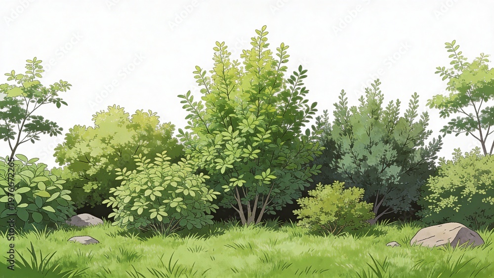 Fototapeta premium Lush Green Shrubs and Bushes Digital Illustration on White Background, Vibrant Foliage Creating a Natural Landscape Element, Botanical Garden Design