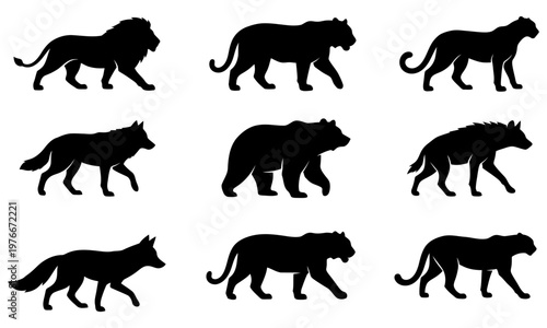 Wild Predator and Carnivore Animal Silhouette Vector Set, Jumping and Walking Big Cats Wolf Bear Collection