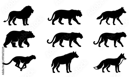 Wild Predator and Carnivore Animal Silhouette Vector Set, Jumping and Walking Big Cats Wolf Bear Collection
