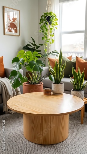 Cozy Living Room with Lush Green Houseplants and Modern Furniture.