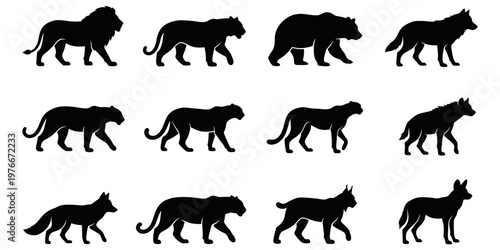 Wild Predator and Carnivore Animal Silhouette Vector Set, Jumping and Walking Big Cats Wolf Bear Collection