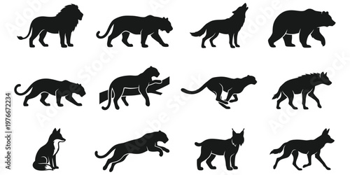 Wild Predator and Carnivore Animal Silhouette Vector Set, Jumping and Walking Big Cats Wolf Bear Collection