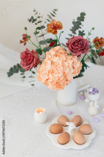 Easter home design. Greeting card. Minimalist white interior.