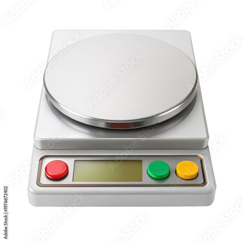 A digital kitchen scale with colorful buttons on transparent background