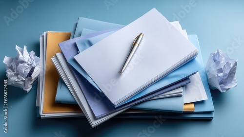 A Stack of Colorful Blank Papers with a Silver Pen on a Blue Surface Surrounded by Crumpled Papers Representing Creativity and Organization