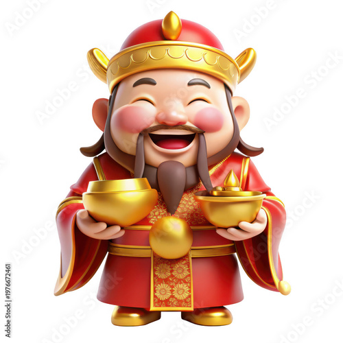 A cheerful cartoon Chinese god holding gold coins on transparent background