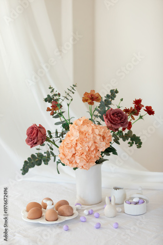 Easter home design. Greeting card. Minimalist white interior.