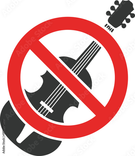 Vector illustration of a cello with a red prohibition sign indicating that playing music is not allowed in this area, concept of silence and no music zone