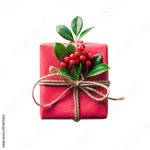 A beautifully wrapped red gift box with a twine bow on transparent background