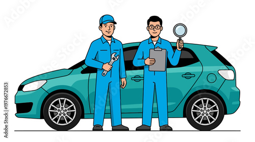 Auto Mechanics Inspecting a Car, Vehicle Service and Maintenance Vector Illustration