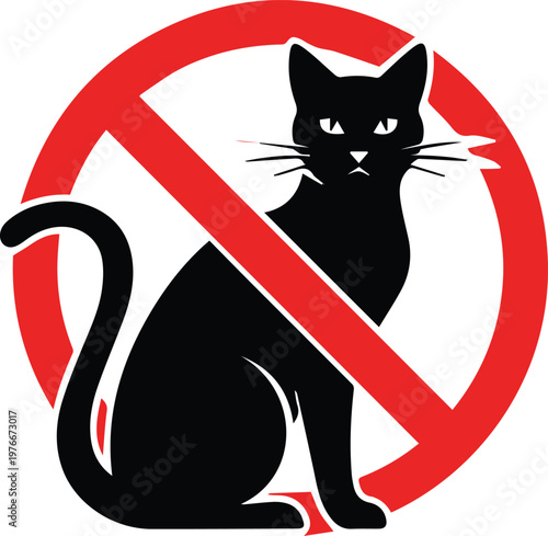 Vector graphic illustration of a black cat silhouette within a red prohibition sign, symbolizing a ban or restriction on cats