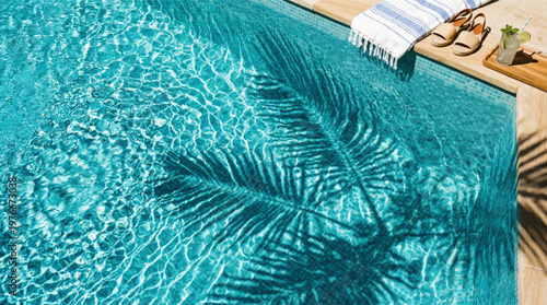 Tropical Poolside Backgrounds in Summer Style. A collection of Vacation Backgrounds, Including water, palm, shadow, towel, drink, sandals, mosaic, ripples, sun, turquoise, and more. HD.