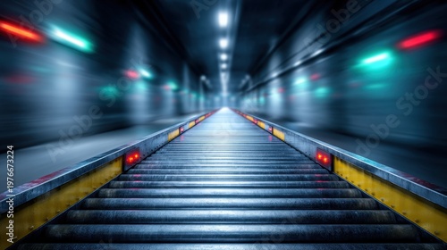 Futuristic Conveyor Belt in Dimly Lit Industrial Tunnel with Motion Blur and Neon Lights for Technological Themes